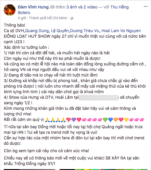 U23 Việt Nam,Đàm Vĩnh Hưng,sao Việt hủy show xem đá bóng